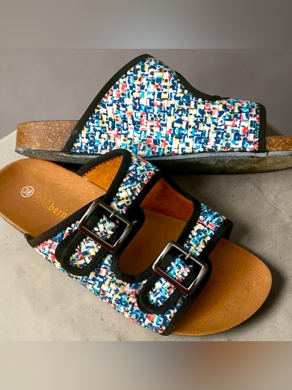New Bernie Mev Sunset Pixel Woven Double Buckle Comfort Slide Sandals